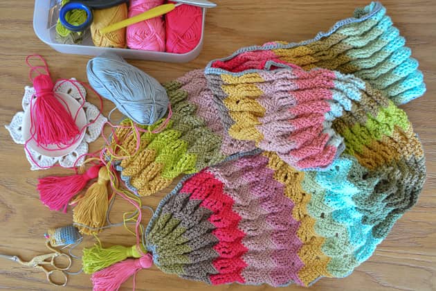 Crochet Fun Ripple Scarf With Tassels - XELLCRAFTS